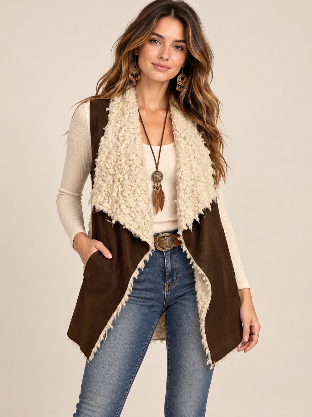 Aeropostale Small Faux Suede Sherpa Vest Brown and Cream Open Front Western